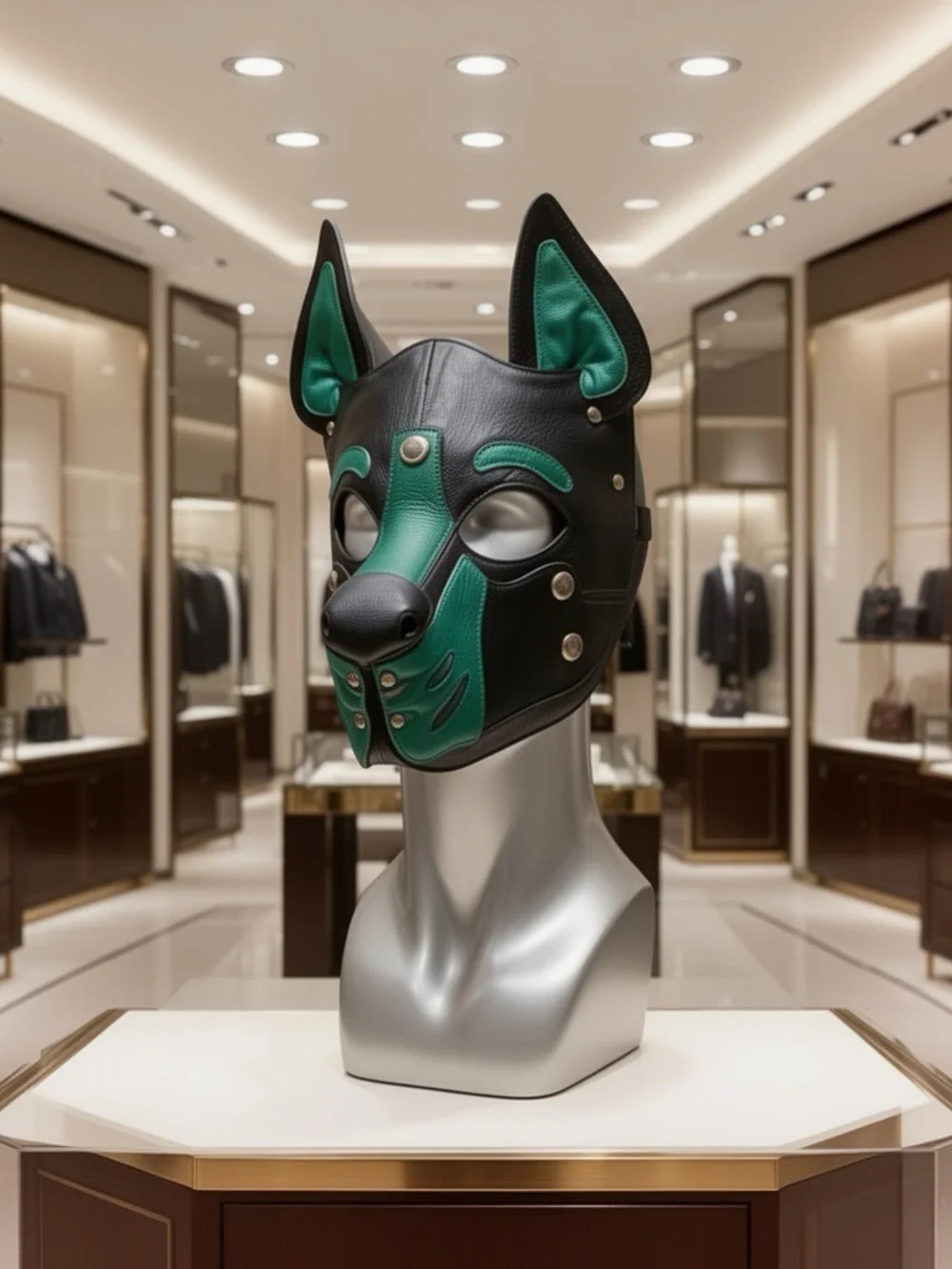 Leather Canine Face Mask in Black & Green